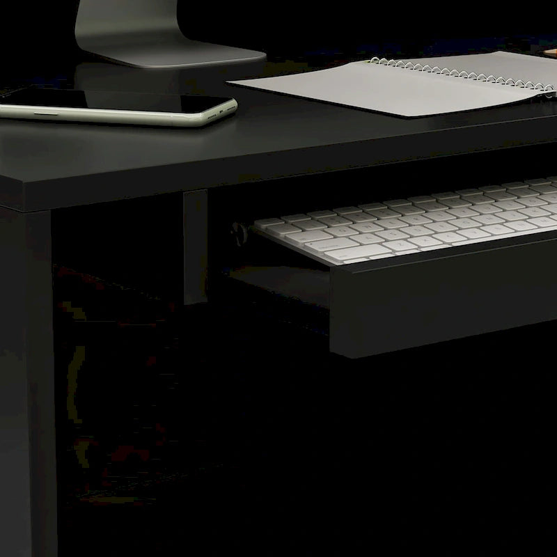L-Shaped Reception Desk with Open, Closed and Lockable Storage, File Drawer and Privacy Panels – White / Black / Marble, 1-Person Use