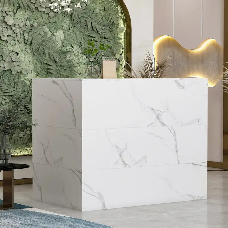 L-Shaped Reception Desk with Open, Closed and Lockable Storage, File Drawer and Privacy Panels – White / Black / Marble, 1-Person Use