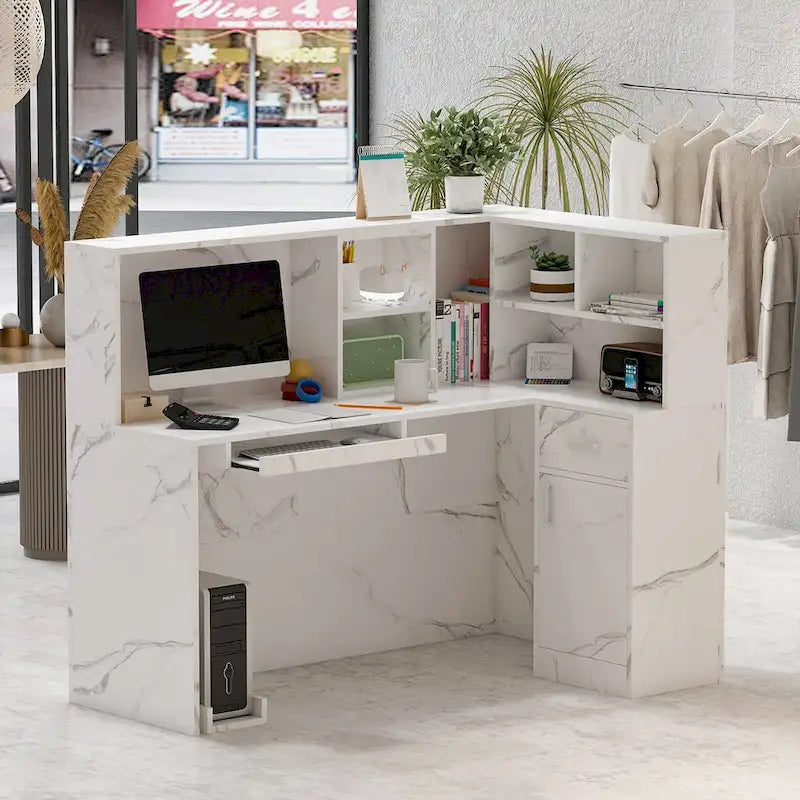 L-Shaped Reception Desk with Open, Closed and Lockable Storage, File Drawer and Privacy Panels – White / Black / Marble, 1-Person Use