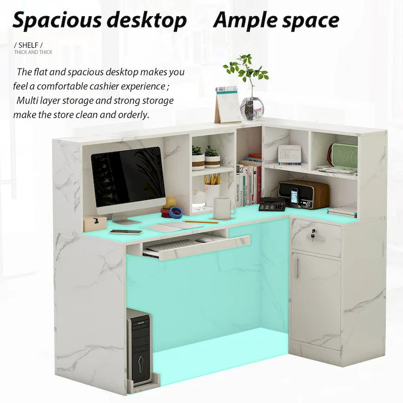 L-Shaped Reception Desk with Open, Closed and Lockable Storage, File Drawer and Privacy Panels – White / Black / Marble, 1-Person Use