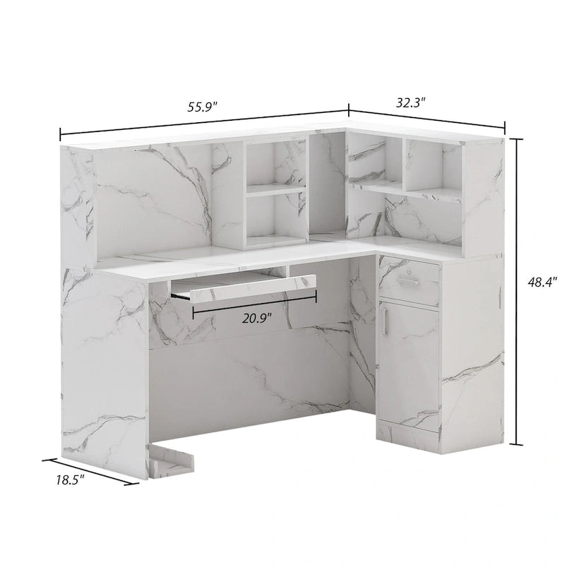 L-Shaped Reception Desk with Open, Closed and Lockable Storage, File Drawer and Privacy Panels – White / Black / Marble, 1-Person Use