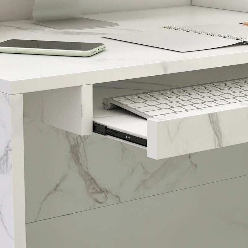 L-Shaped Reception Desk with Open, Closed and Lockable Storage, File Drawer and Privacy Panels – White / Black / Marble, 1-Person Use