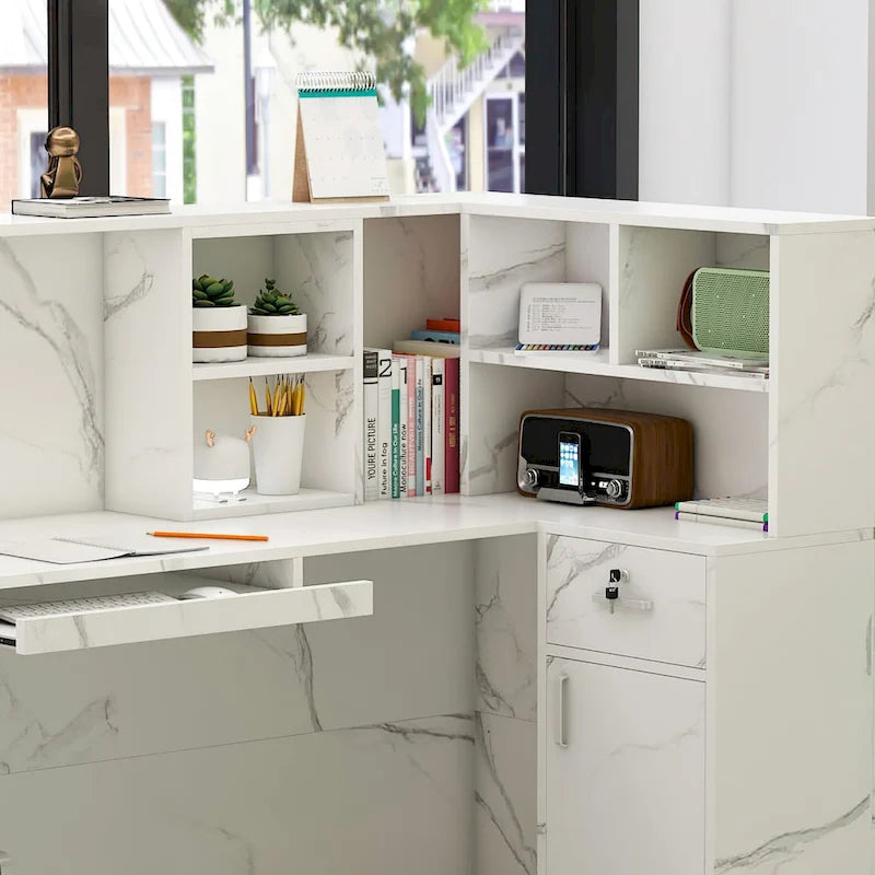 L-Shaped Reception Desk with Open, Closed and Lockable Storage, File Drawer and Privacy Panels – White / Black / Marble, 1-Person Use