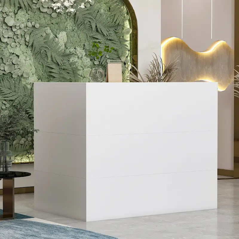 L-Shaped Reception Desk with Open, Closed and Lockable Storage, File Drawer and Privacy Panels – White / Black / Marble, 1-Person Use