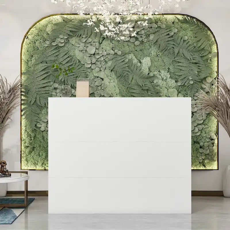 L-Shaped Reception Desk with Open, Closed and Lockable Storage, File Drawer and Privacy Panels – White / Black / Marble, 1-Person Use