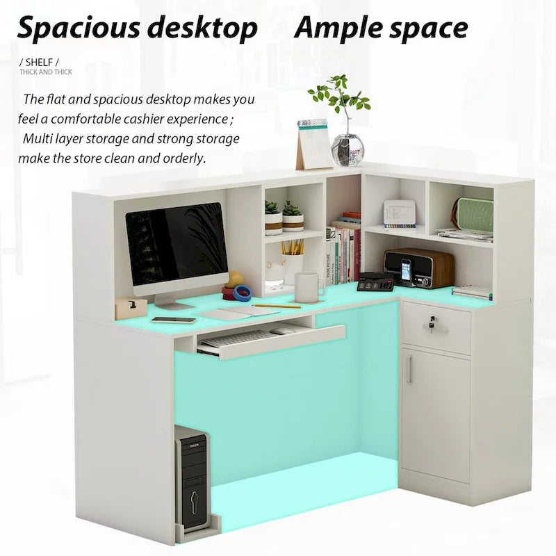 L-Shaped Reception Desk with Open, Closed and Lockable Storage, File Drawer and Privacy Panels – White / Black / Marble, 1-Person Use