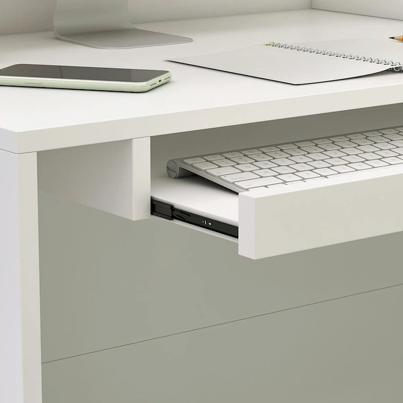 L-Shaped Reception Desk with Open, Closed and Lockable Storage, File Drawer and Privacy Panels – White / Black / Marble, 1-Person Use