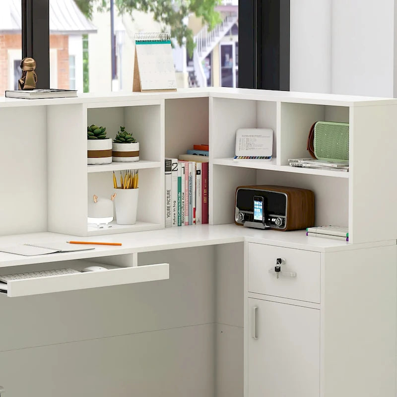 L-Shaped Reception Desk with Open, Closed and Lockable Storage, File Drawer and Privacy Panels – White / Black / Marble, 1-Person Use