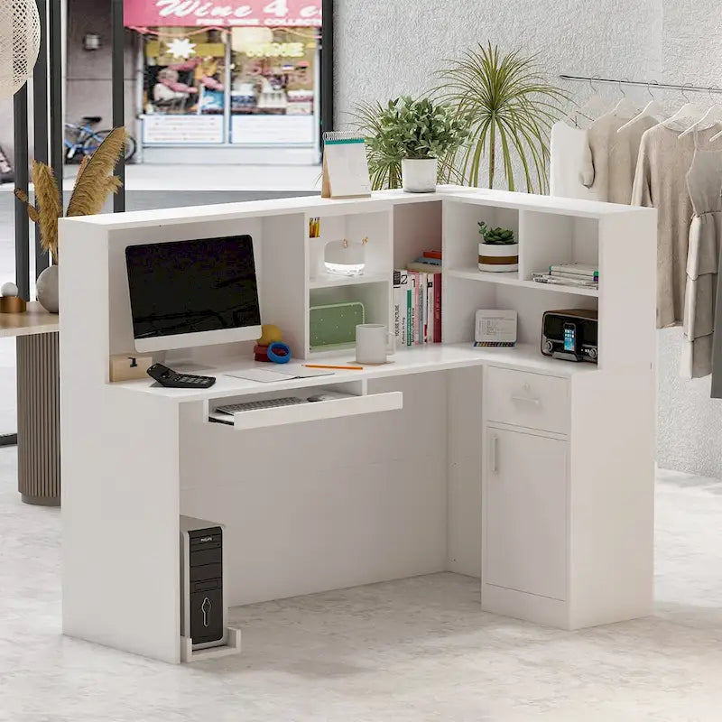 L-Shaped Reception Desk with Open, Closed and Lockable Storage, File Drawer and Privacy Panels – White / Black / Marble, 1-Person Use