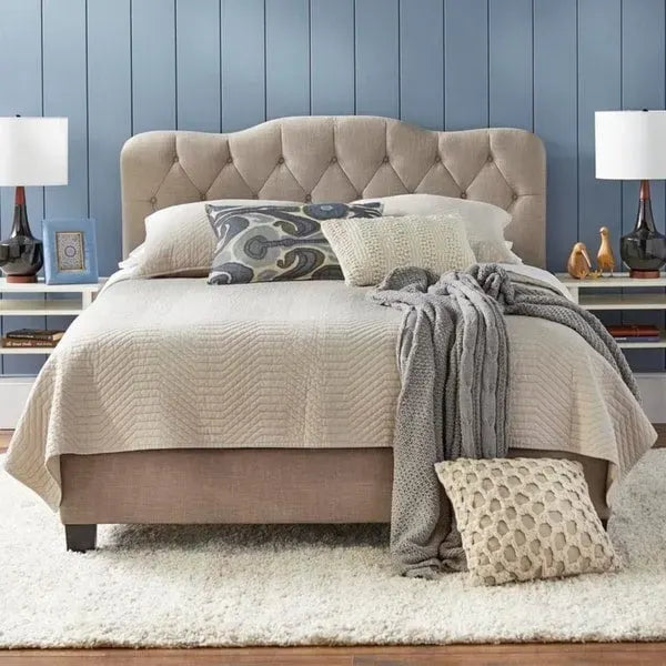 Button-Tufted Camel-Back Upholstered Bed with Padded Headboard – Sand Fabric / White Velvet / Grey Velvet, Full / Queen
