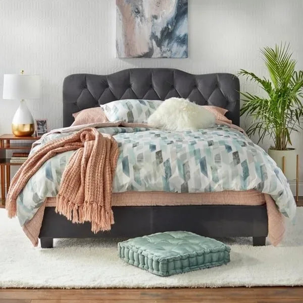 Button-Tufted Camel-Back Upholstered Bed with Padded Headboard – Sand Fabric / White Velvet / Grey Velvet, Full / Queen