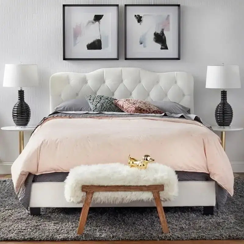 Button-Tufted Camel-Back Upholstered Bed with Padded Headboard – Sand Fabric / White Velvet / Grey Velvet, Full / Queen