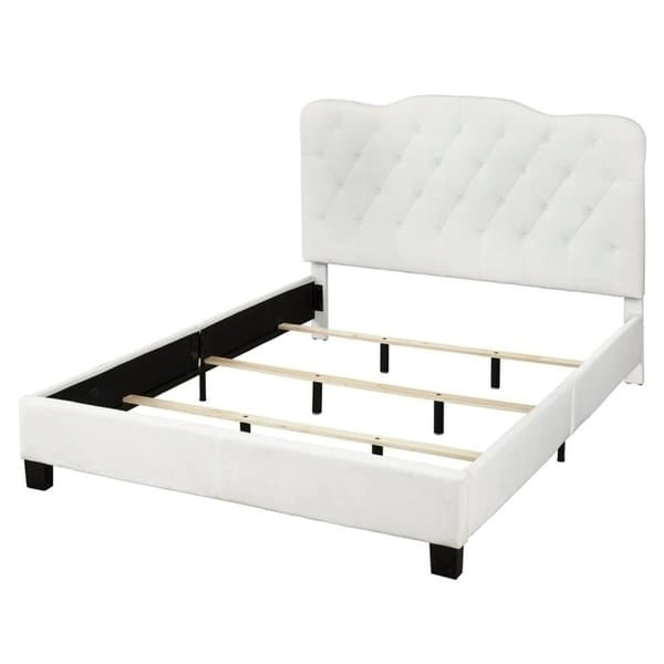 Button-Tufted Camel-Back Upholstered Bed with Padded Headboard – Sand Fabric / White Velvet / Grey Velvet, Full / Queen