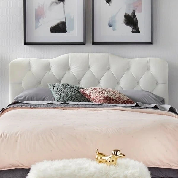 Button-Tufted Camel-Back Upholstered Bed with Padded Headboard – Sand Fabric / White Velvet / Grey Velvet, Full / Queen