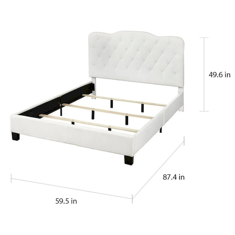 Button-Tufted Camel-Back Upholstered Bed with Padded Headboard – Sand Fabric / White Velvet / Grey Velvet, Full / Queen