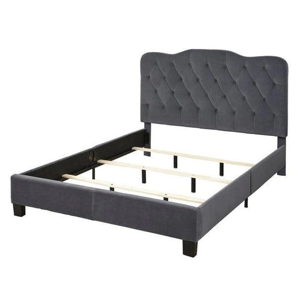 Button-Tufted Camel-Back Upholstered Bed with Padded Headboard – Sand Fabric / White Velvet / Grey Velvet, Full / Queen