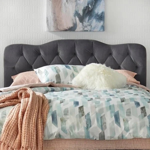 Button-Tufted Camel-Back Upholstered Bed with Padded Headboard – Sand Fabric / White Velvet / Grey Velvet, Full / Queen