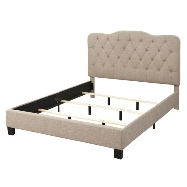 Button-Tufted Camel-Back Upholstered Bed with Padded Headboard – Sand Fabric / White Velvet / Grey Velvet, Full / Queen