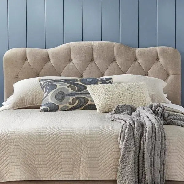 Button-Tufted Camel-Back Upholstered Bed with Padded Headboard – Sand Fabric / White Velvet / Grey Velvet, Full / Queen