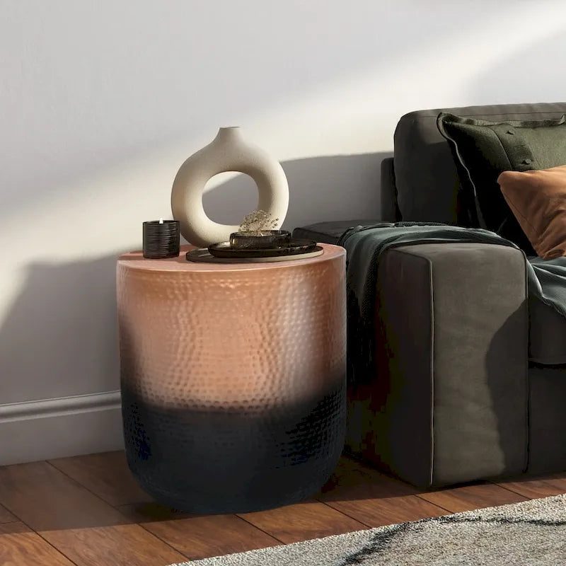 Boho Drum-Shape Textured Metal Side Table – Silver Ombre / Gold Ombre / Copper Ombre, 1-Unit