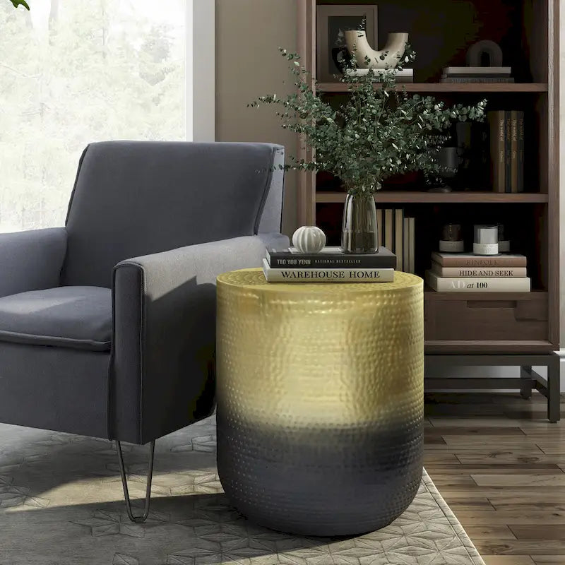 Boho Drum-Shape Textured Metal Side Table – Silver Ombre / Gold Ombre / Copper Ombre, 1-Unit