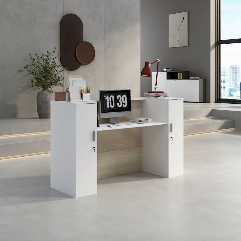 L-Shaped Reception Desk with 6-Tier Adjustable Shelf, File Drawer and Wrap-Around Privacy Panel – Wood Texture, 1-Person Use