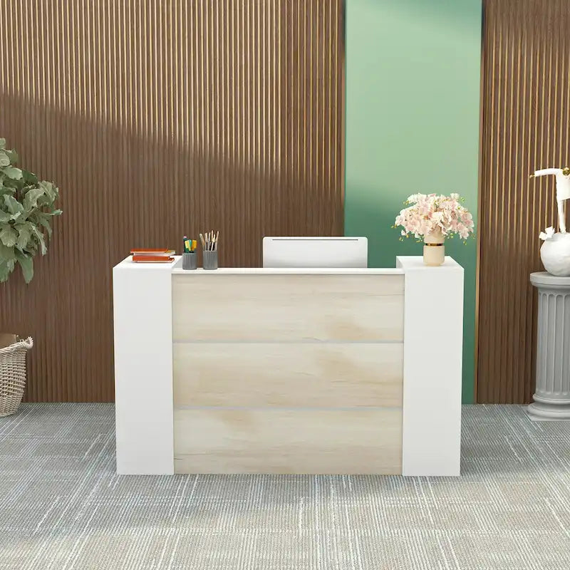 L-Shaped Reception Desk with 6-Tier Adjustable Shelf, File Drawer and Wrap-Around Privacy Panel – Wood Texture, 1-Person Use