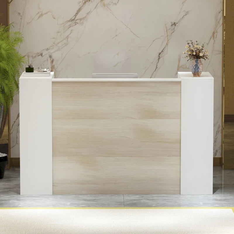 L-Shaped Reception Desk with 6-Tier Adjustable Shelf, File Drawer and Wrap-Around Privacy Panel – Wood Texture, 1-Person Use
