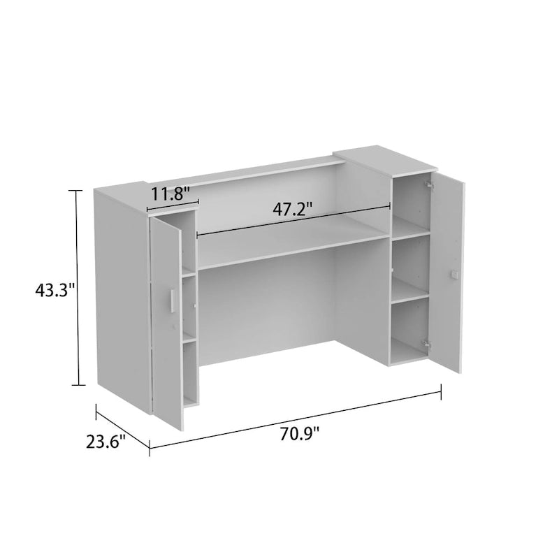 L-Shaped Reception Desk with 6-Tier Adjustable Shelf, File Drawer and Wrap-Around Privacy Panel – Wood Texture, 1-Person Use