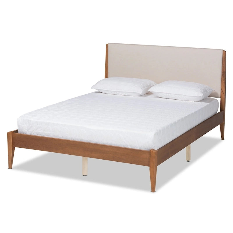 Mid-Century Modern Upholstered Platform Bed with Tapered Legs and Wood Slats – Beige, Full / Queen / King