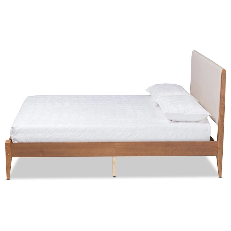 Mid-Century Modern Upholstered Platform Bed with Tapered Legs and Wood Slats – Beige, Full / Queen / King