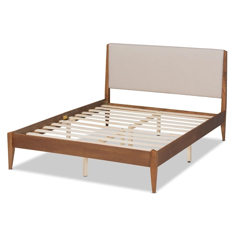 Mid-Century Modern Upholstered Platform Bed with Tapered Legs and Wood Slats – Beige, Full / Queen / King
