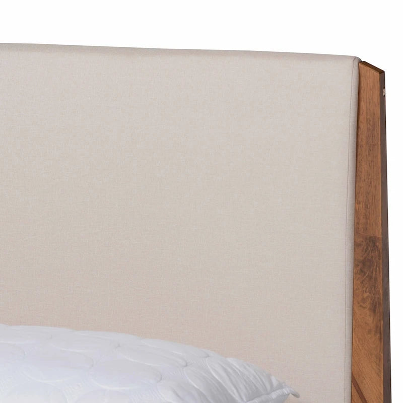 Mid-Century Modern Upholstered Platform Bed with Tapered Legs and Wood Slats – Beige, Full / Queen / King