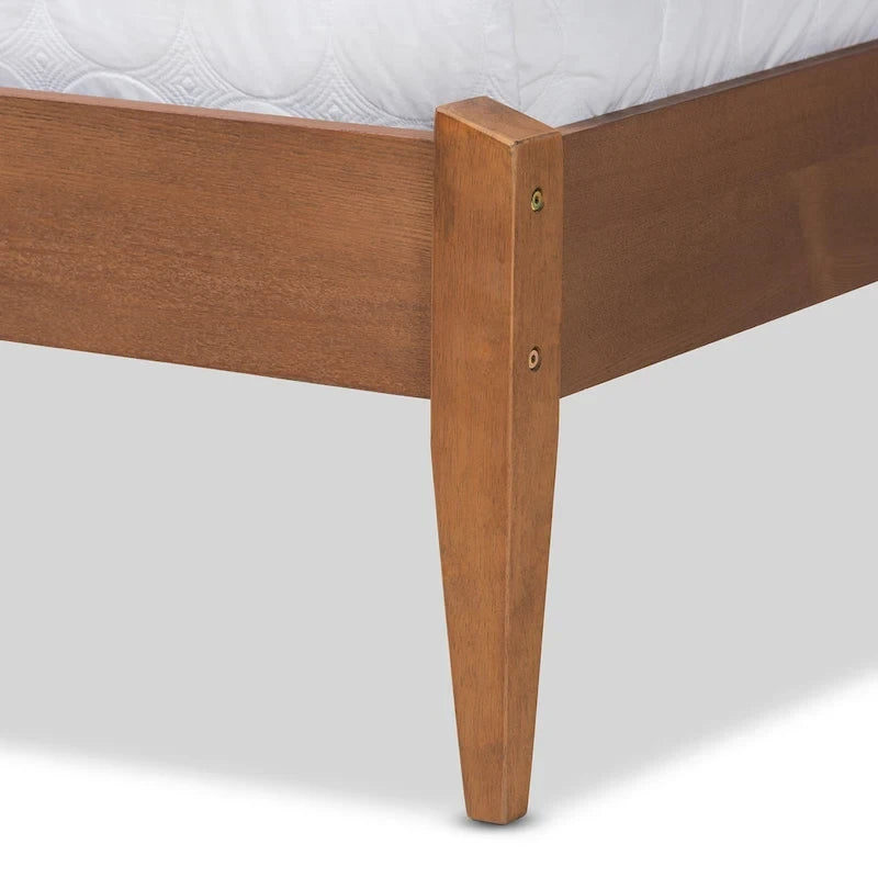 Mid-Century Modern Upholstered Platform Bed with Tapered Legs and Wood Slats – Beige, Full / Queen / King