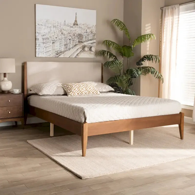 Mid-Century Modern Upholstered Platform Bed with Tapered Legs and Wood Slats – Beige, Full / Queen / King