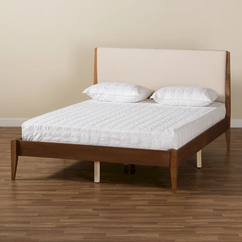 Mid-Century Modern Upholstered Platform Bed with Tapered Legs and Wood Slats – Beige, Full / Queen / King