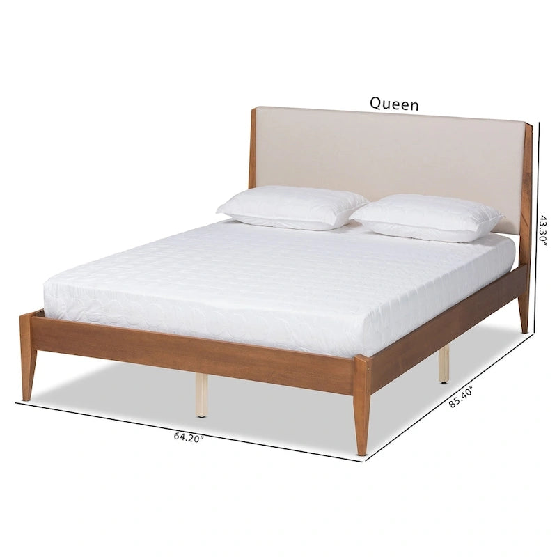 Mid-Century Modern Upholstered Platform Bed with Tapered Legs and Wood Slats – Beige, Full / Queen / King