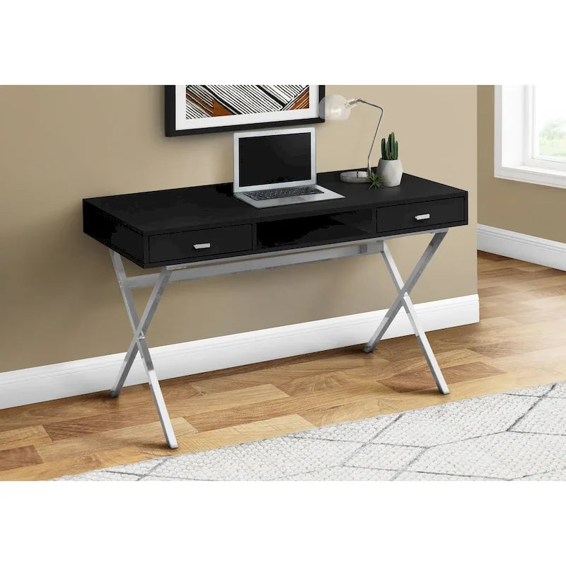 Modern Computer Desk with 2 Drawers, Open Shelf and Chrome X-Base – Black / Glossy White, 1-Person Use