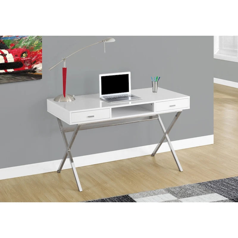 Modern Computer Desk with 2 Drawers, Open Shelf and Chrome X-Base – Black / Glossy White, 1-Person Use
