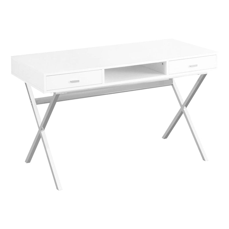 Modern Computer Desk with 2 Drawers, Open Shelf and Chrome X-Base – Black / Glossy White, 1-Person Use