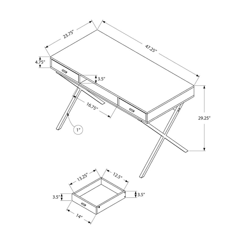 Modern Computer Desk with 2 Drawers, Open Shelf and Chrome X-Base – Black / Glossy White, 1-Person Use
