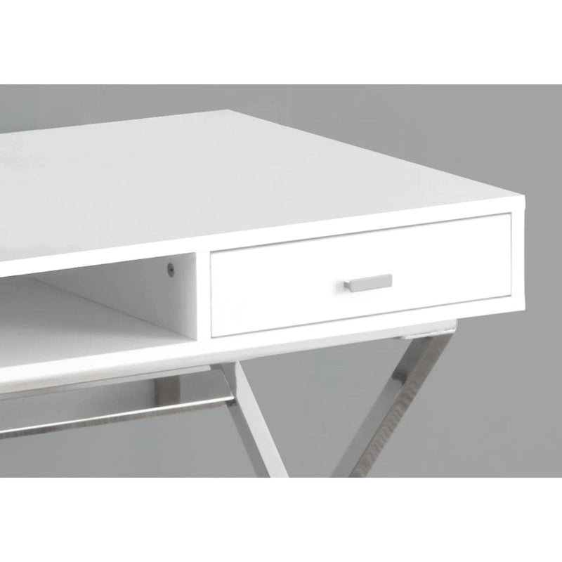 Modern Computer Desk with 2 Drawers, Open Shelf and Chrome X-Base – Black / Glossy White, 1-Person Use