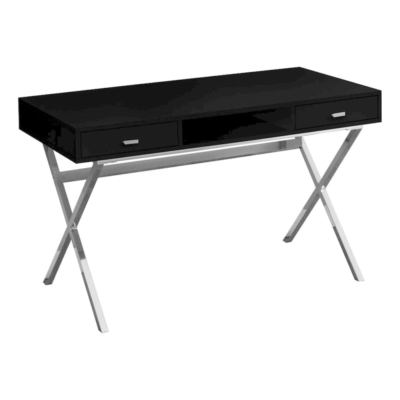Modern Computer Desk with 2 Drawers, Open Shelf and Chrome X-Base – Black / Glossy White, 1-Person Use