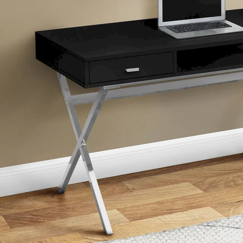 Modern Computer Desk with 2 Drawers, Open Shelf and Chrome X-Base – Black / Glossy White, 1-Person Use