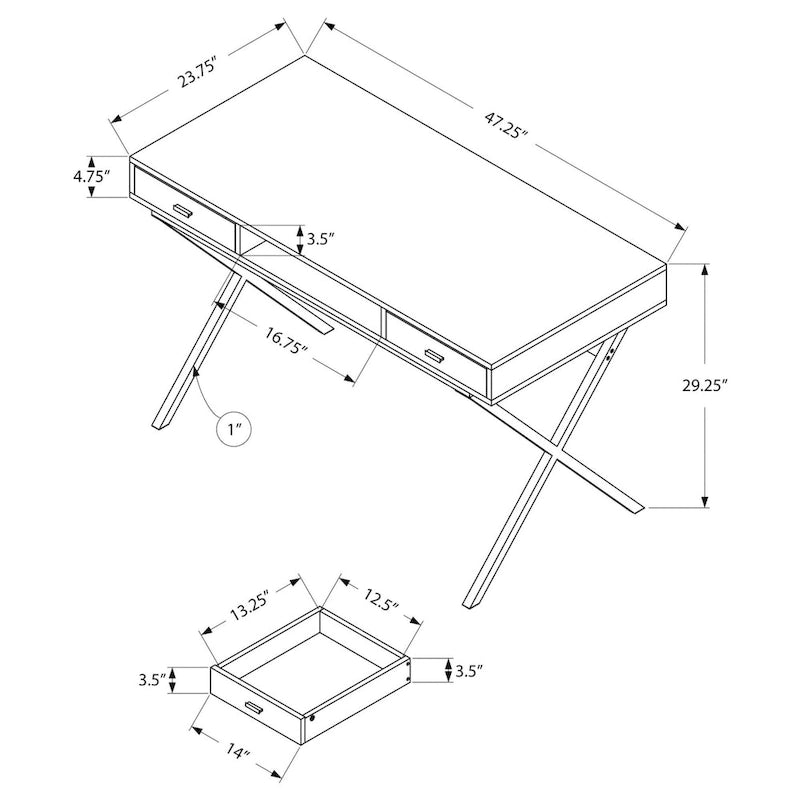 Modern Computer Desk with 2 Drawers, Open Shelf and Chrome X-Base – Black / Glossy White, 1-Person Use