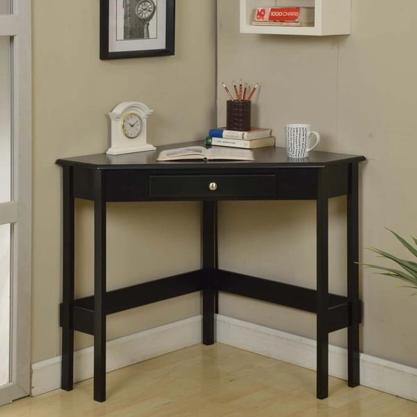Contemporary Wood Corner Desk with Single Drawer – Black / White, 1-Person Use
