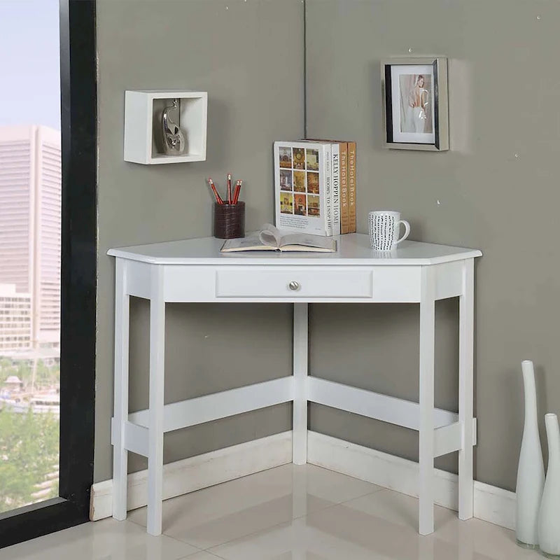 Contemporary Wood Corner Desk with Single Drawer – Black / White, 1-Person Use