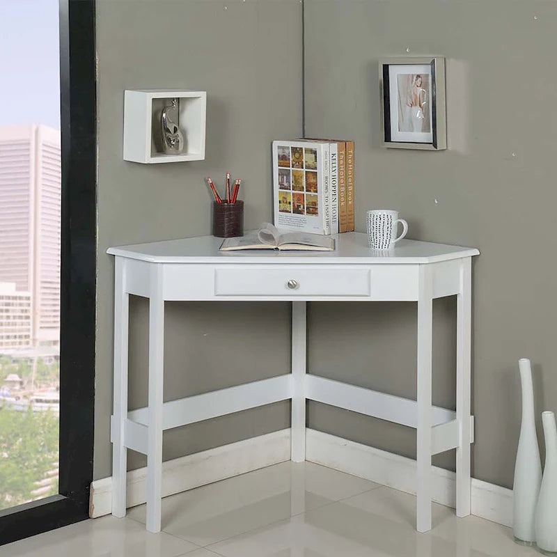 Contemporary Wood Corner Desk with Single Drawer – Black / White, 1-Person Use