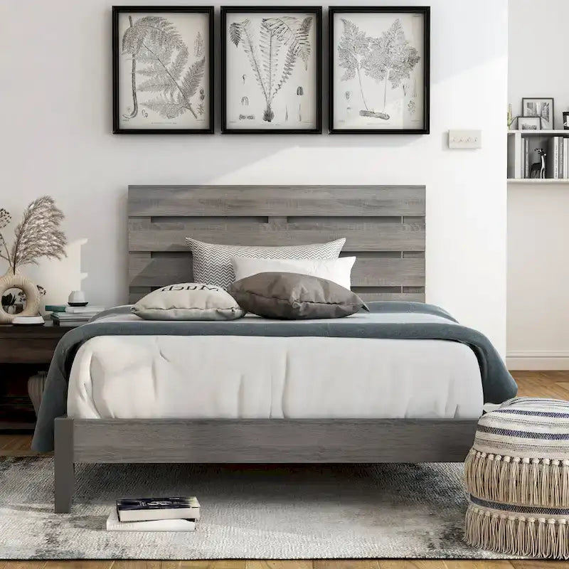 Rustic Slatted Headboard Platform Bed with Tapered Legs and Wood Slats – Distressed Grey, Queen / California King, 2-Person Use
