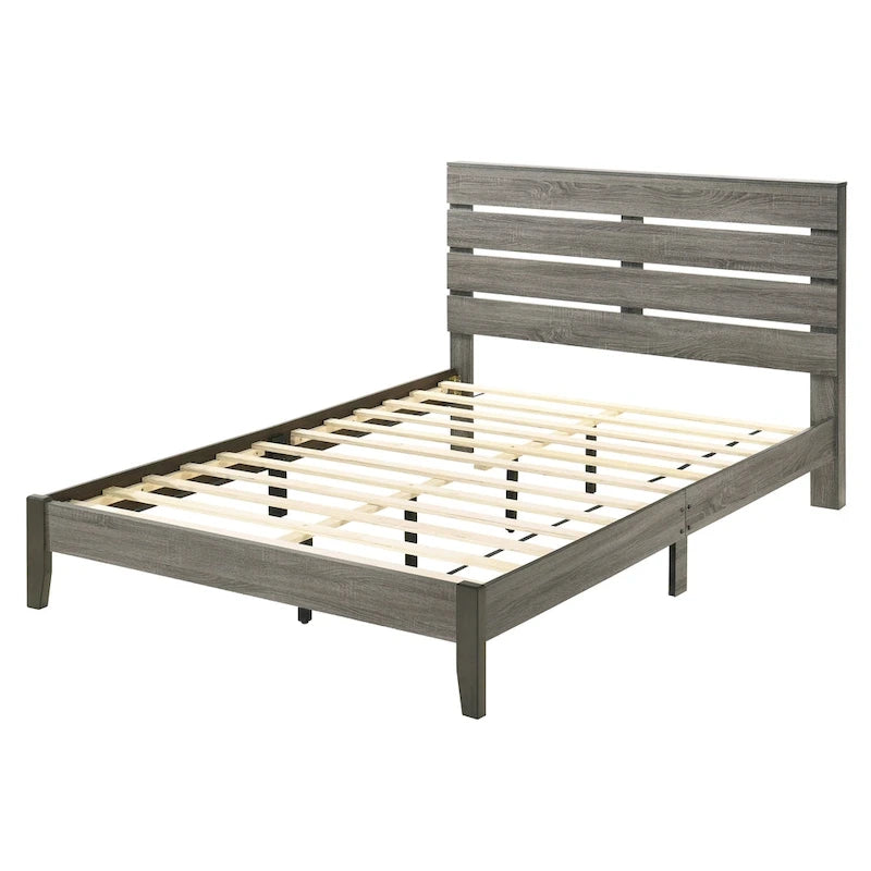 Rustic Slatted Headboard Platform Bed with Tapered Legs and Wood Slats – Distressed Grey, Queen / California King, 2-Person Use